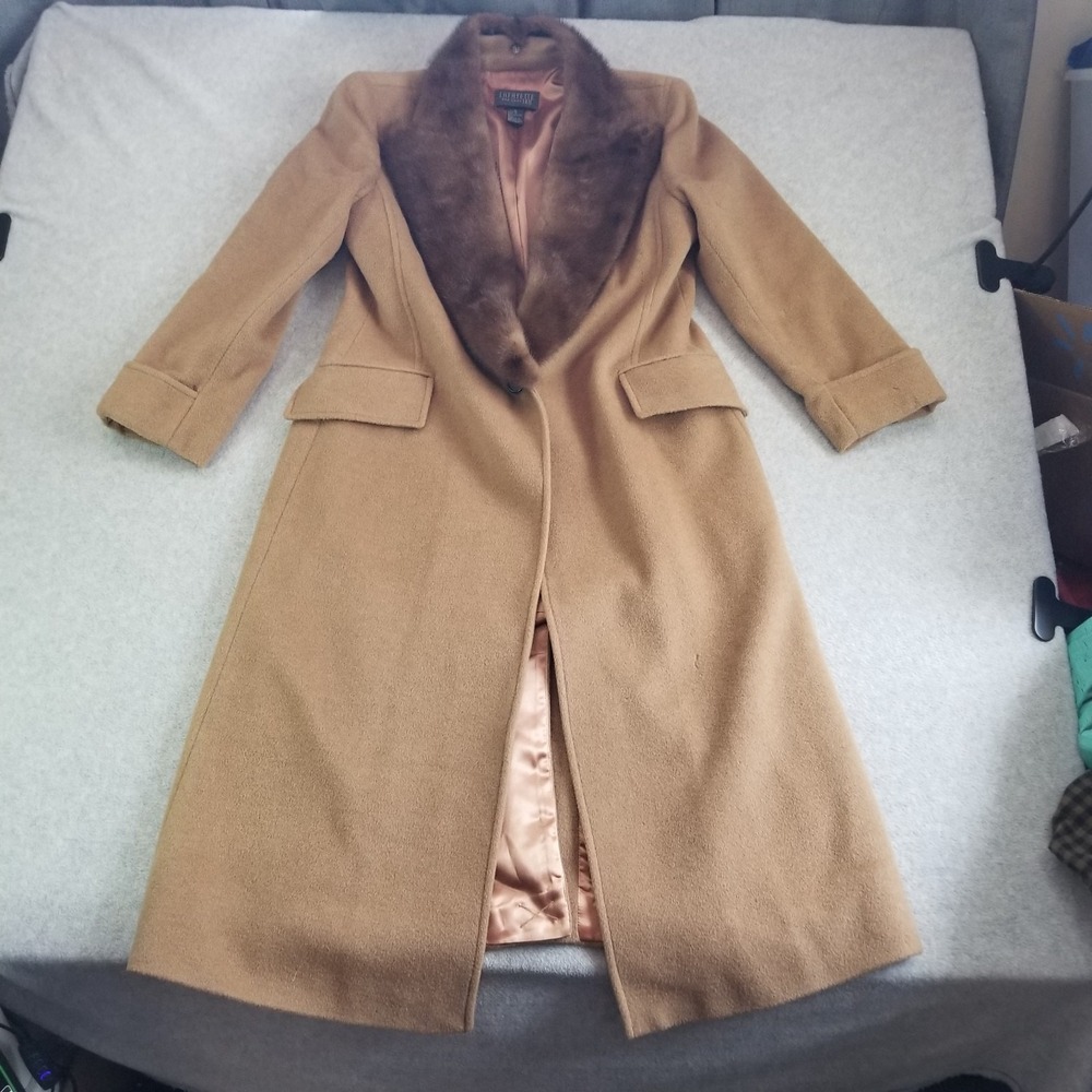 Lafayette 148 New York Coat Womens Size 12 Camel Brown Camel Hair Fur Collar USA